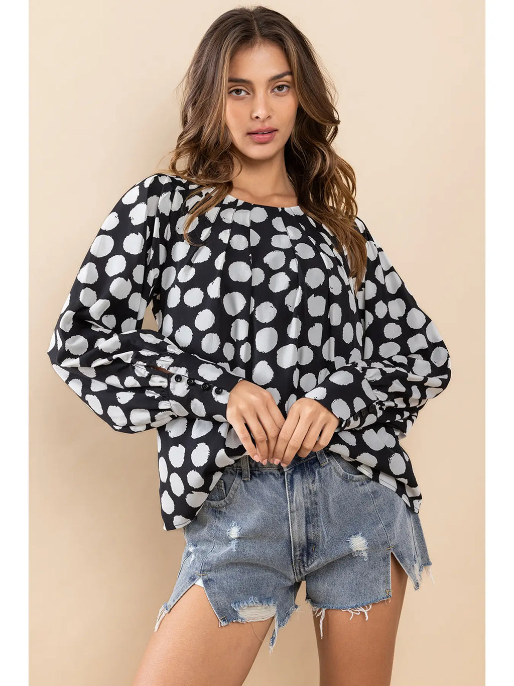 Tami Polka Dot Shirring Blouse in Black/White