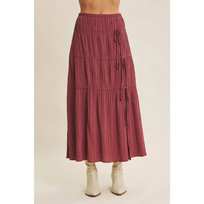 Penelope Graceful Midi Skirt With Side Slit and Bow in Raspberry Truffle