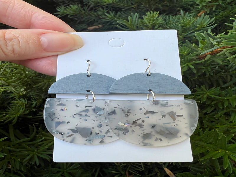Grey sparkle Sequin Wood and Acrylic Deco Drop Earrings