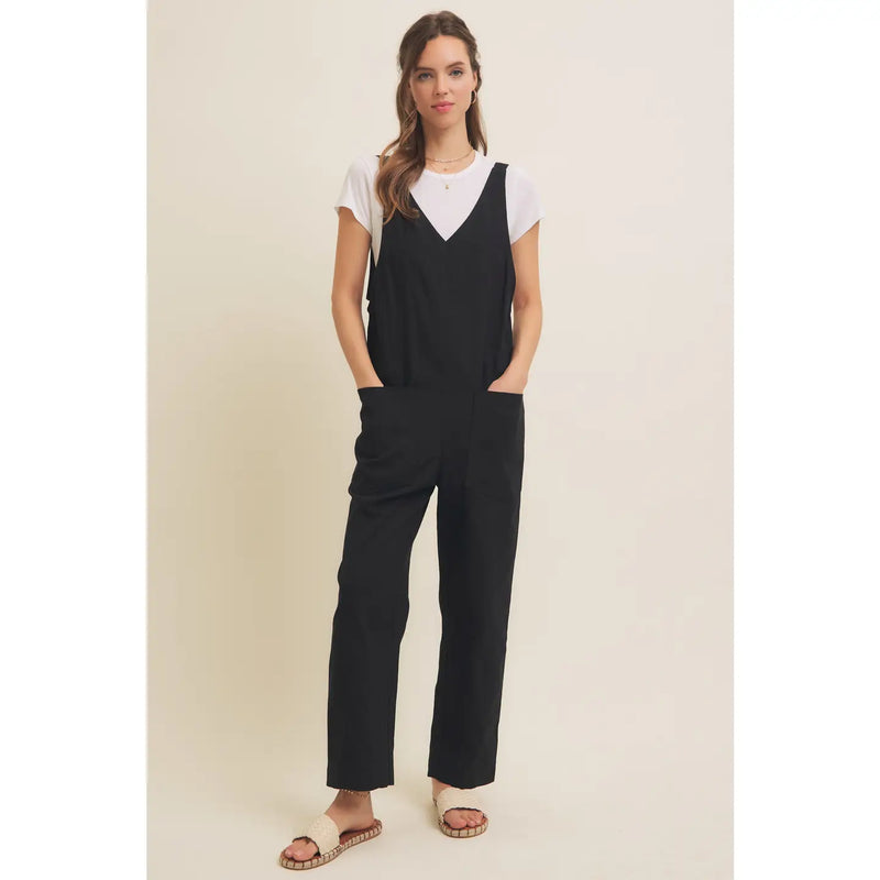 Relaxed Fit Cotton Twill Overalls With Pockets in Black