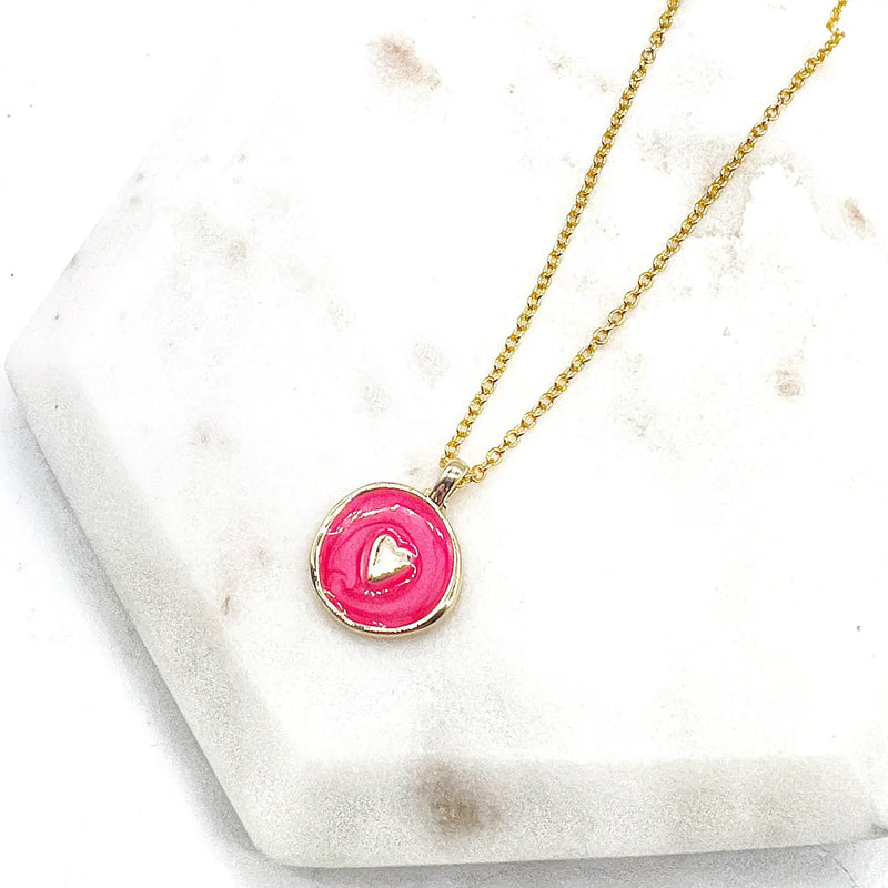 Round Pink Heart Charm Gold Necklace