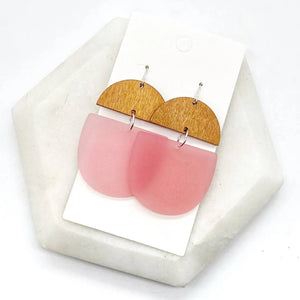 Pink Acrylic and Wood Deco Drop Earrings