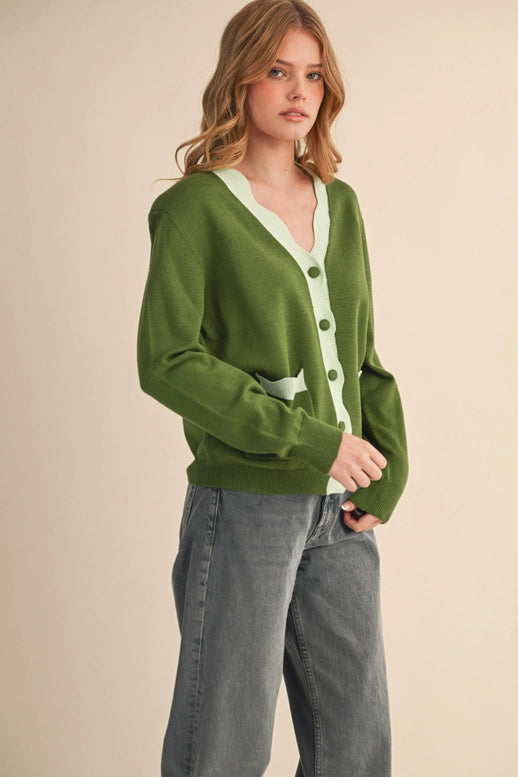 Esme Scalloped Sweater Cardigan in Moss Blue