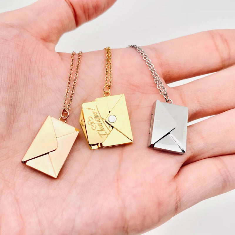 "I Love You" Stainless Steel Openable Envelope Necklace in Gold