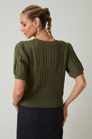 Nadia Round Neck Puff Short Sleeve Cable Knit Sweater