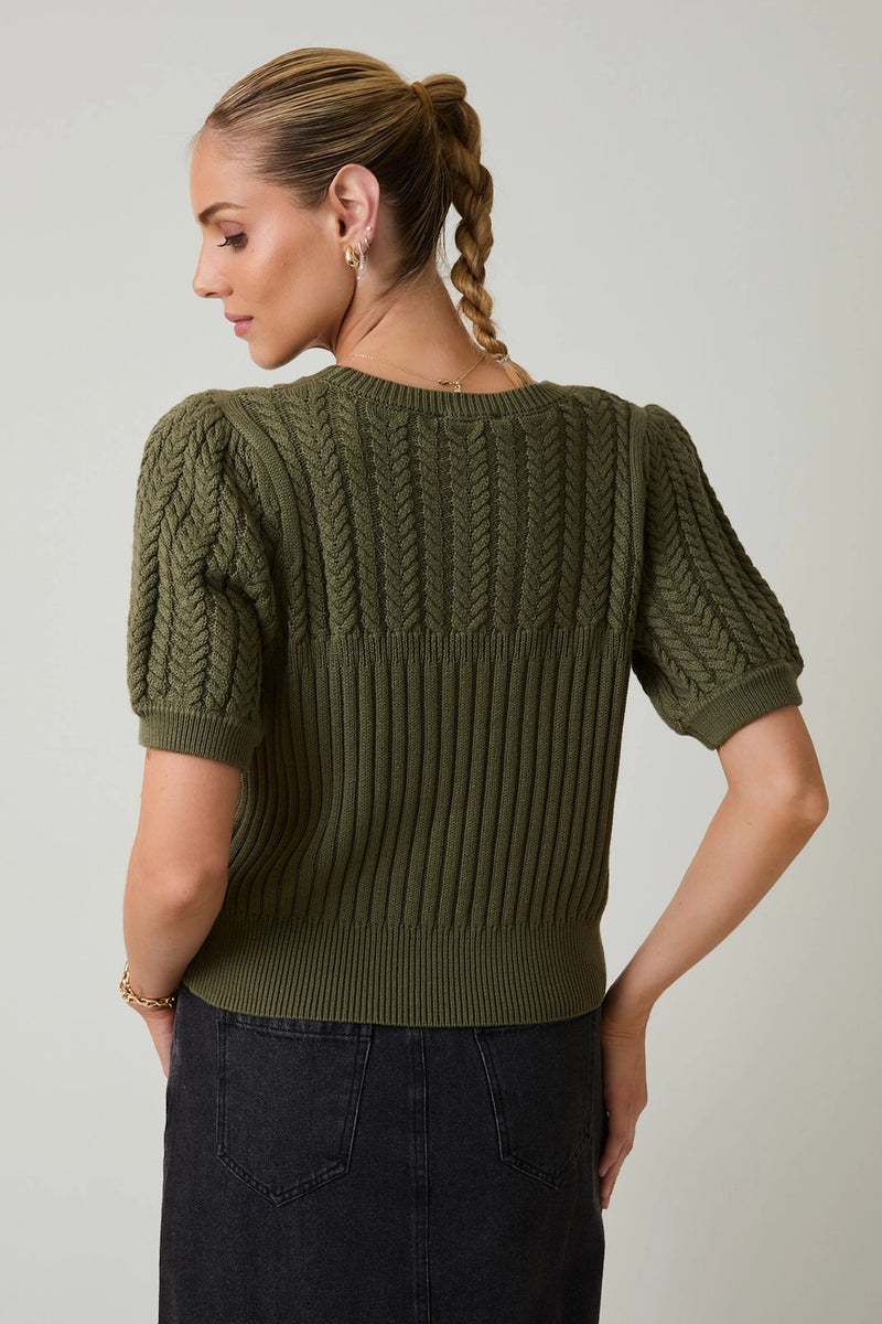 Nadia Round Neck Puff Short Sleeve Cable Knit Sweater