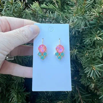Pink Green Gemstone Cluster Earrings