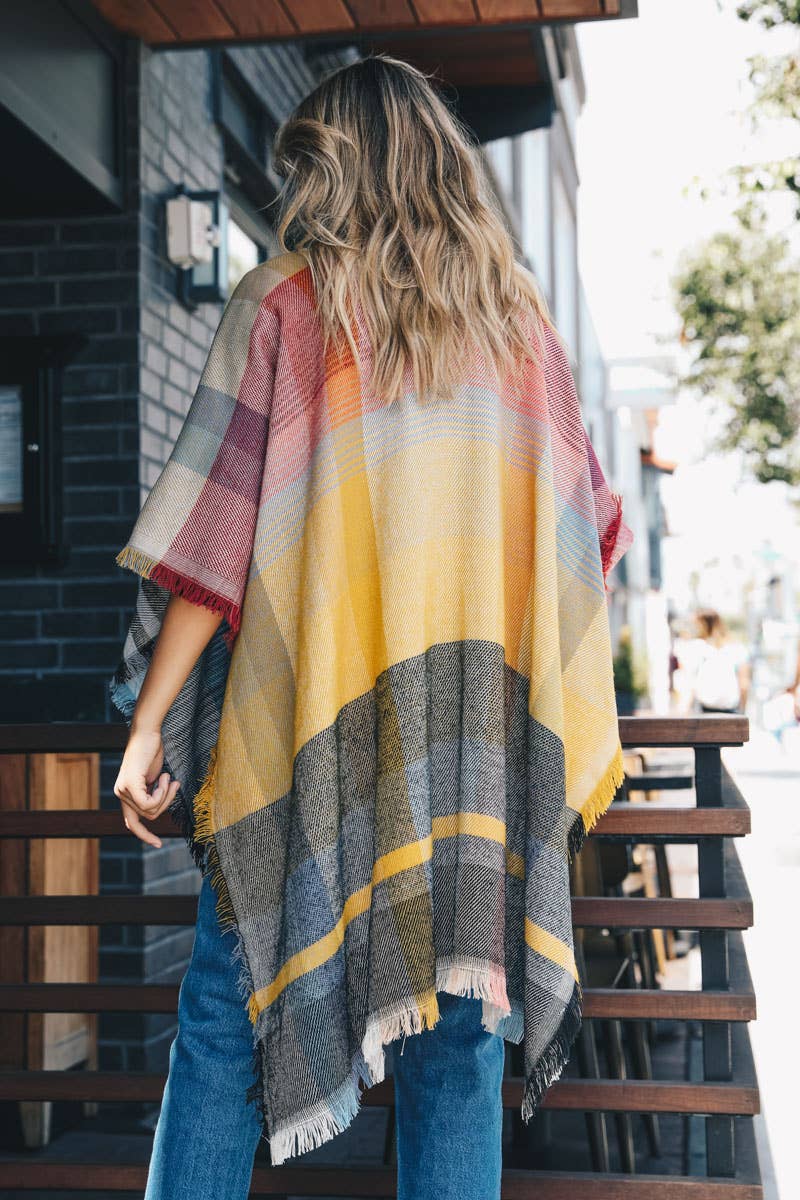 Light Multicolor Plaid Colorblock Poncho with Fringe Trim