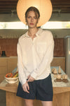 Val Pinstripe Collared Long Sleeve Button Down Shirt in Light Khaki or Off White