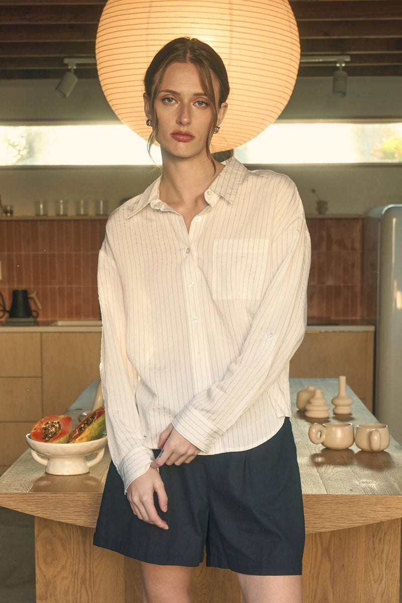 Val Pinstripe Collared Long Sleeve Button Down Shirt in Light Khaki or Off White