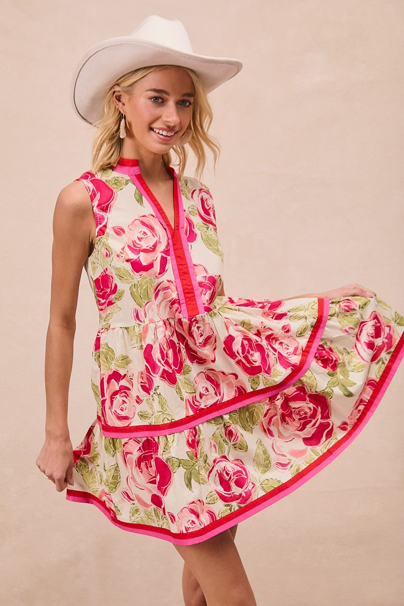 Vanessa Floral Printed Contrast Edge Sleeveless V Neck Dress