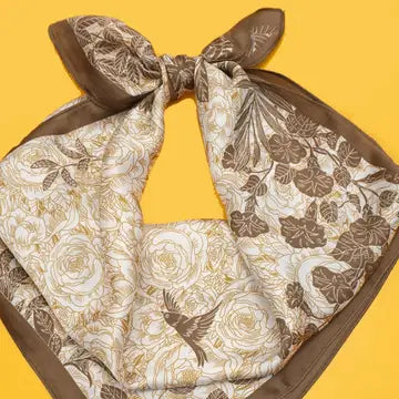 Large Floral Print Silky Scarf in Brown