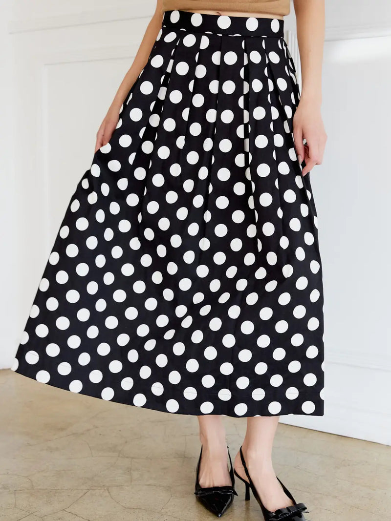 Polka Dot Pleated Circle Midi Skirt