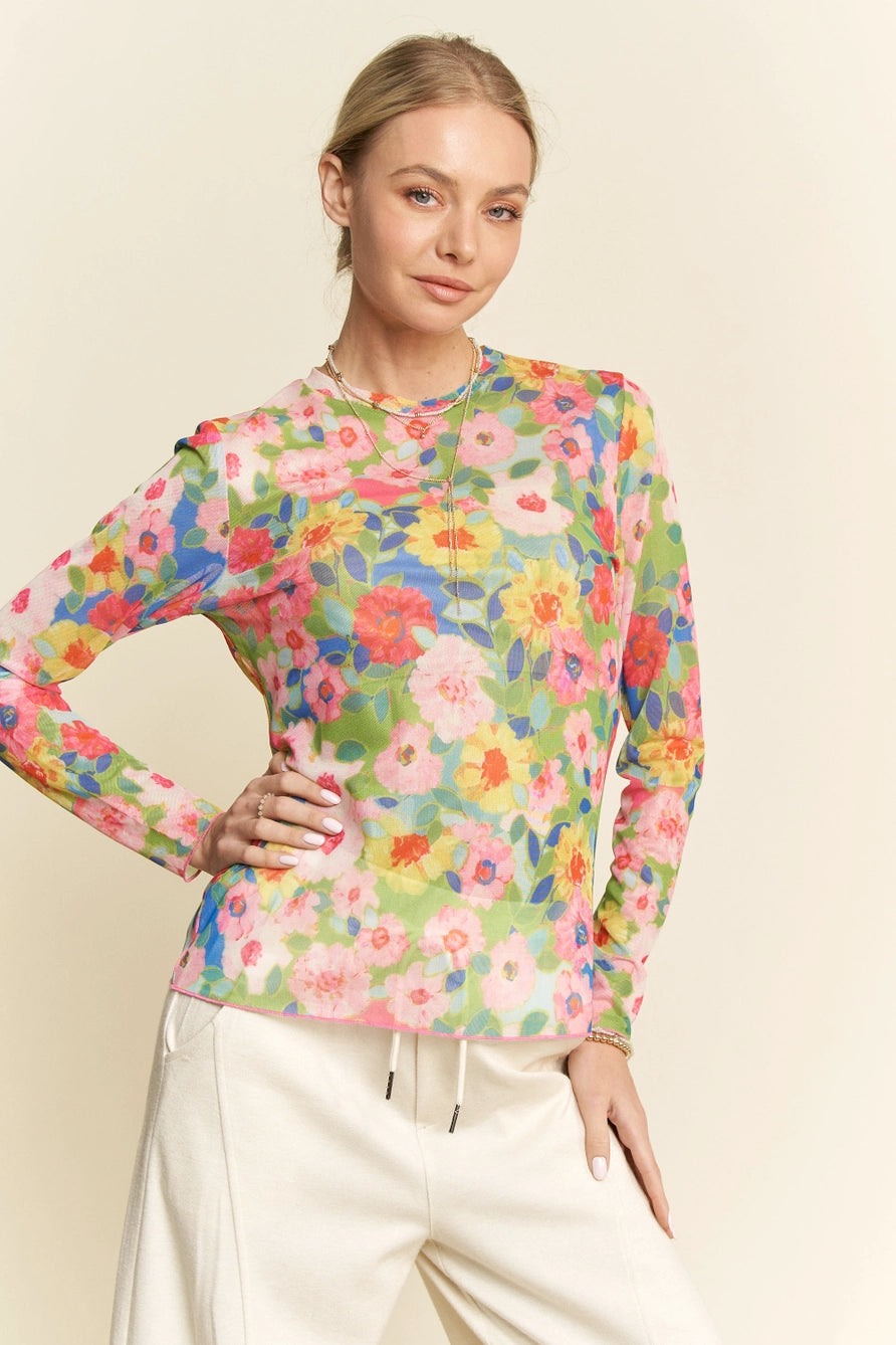 Sunny Pink Floral Print Mesh Top in Plus Sizes