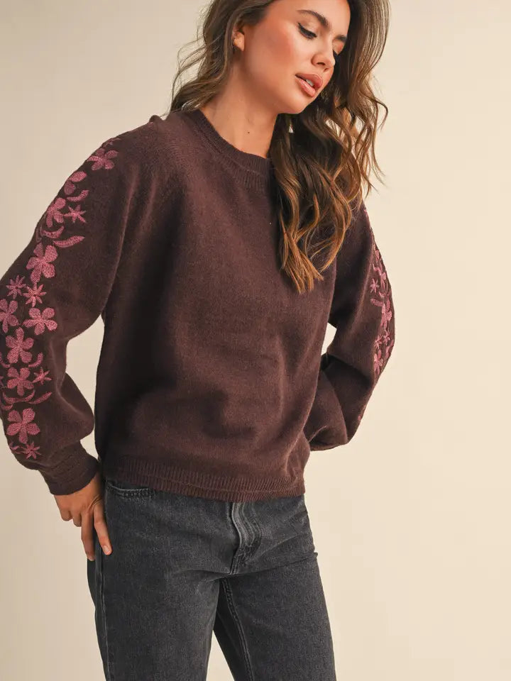 Emmy Chocolate Berry Embroidered Sleeve Sweater