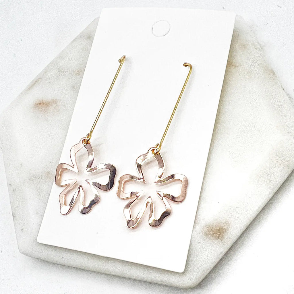 Rose Gold Metal Flower Long Drop Earrings