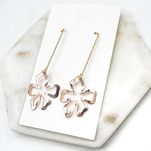 Rose Gold Metal Flower Long Drop Earrings