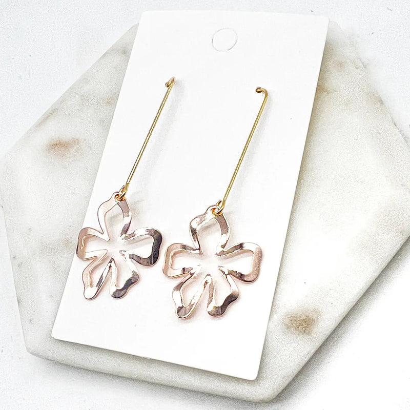 Rose Gold Metal Flower Long Drop Earrings