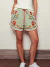 Sage Embroidered Floral Drawstring Shorts