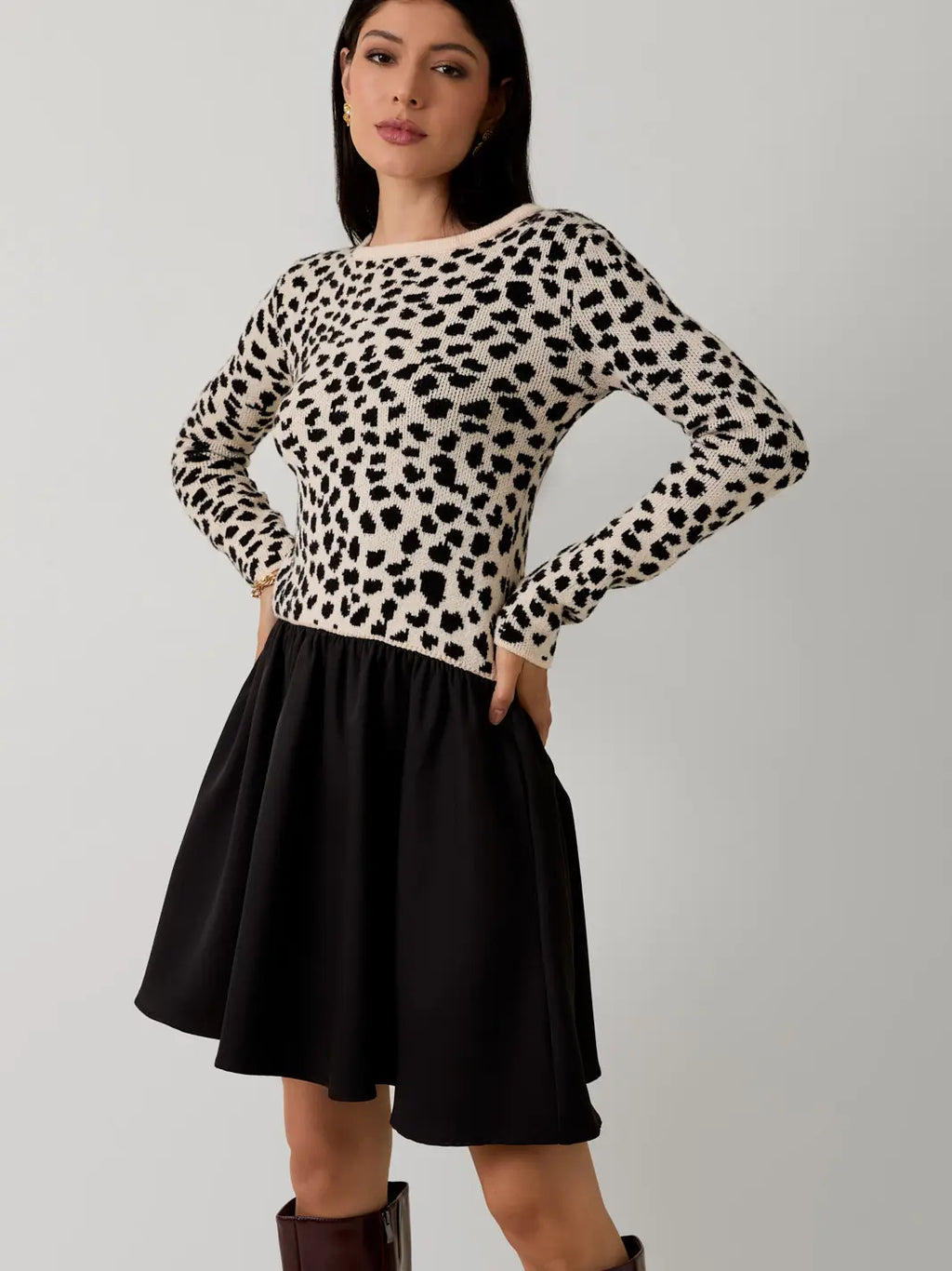 Gracie Boat Neck Animal Graphic Woven and Knit Mix Mini Dress