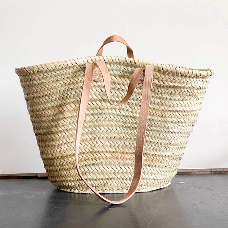 Handmade French Market Straw Bag With Leather Handles