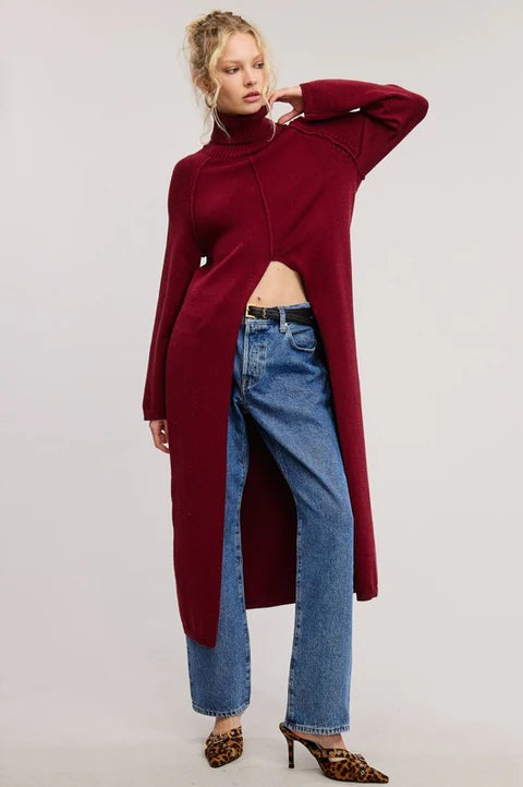 Caroline Turtleneck Sweater Dress in Burgundy