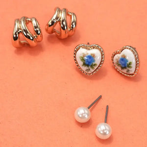 Heart Floral & Porcelain Stud and Hoop Trio Earrings