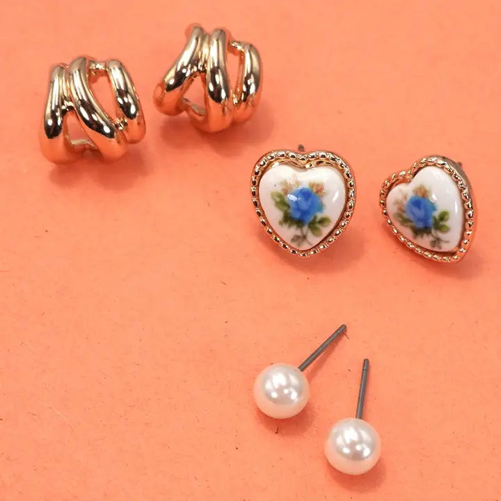Heart Floral & Porcelain Stud and Hoop Trio Earrings