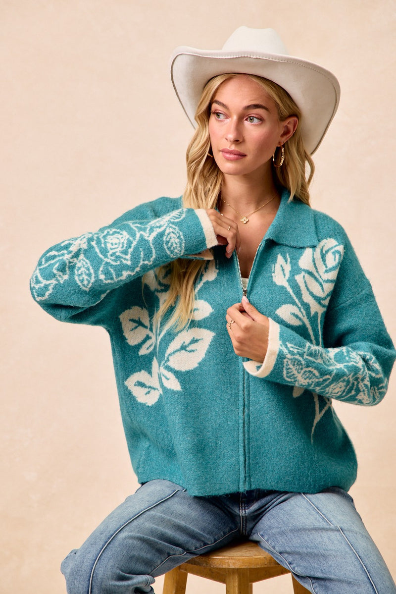 Teal Flower Sweater Zip-Front Cardigan