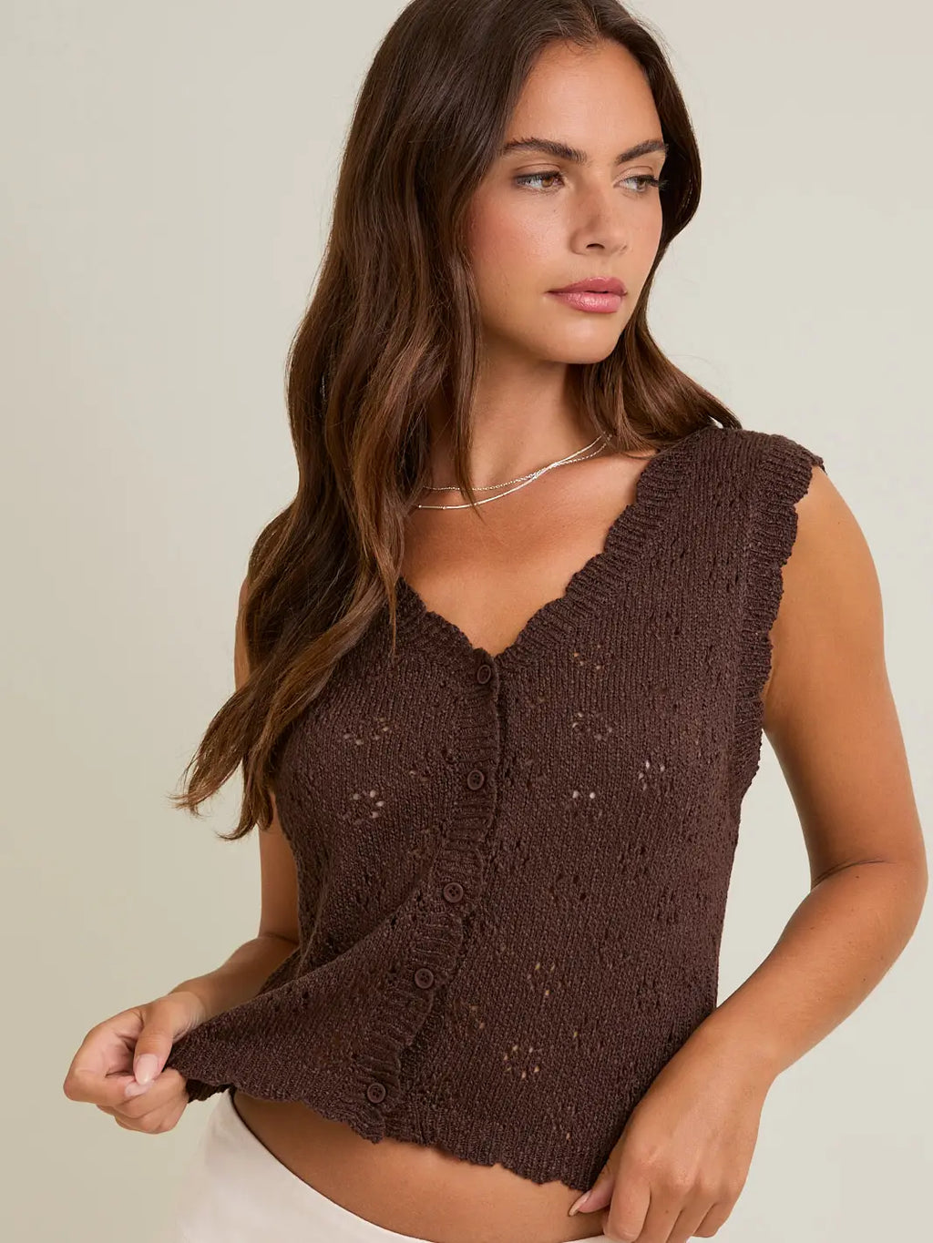 Salli Scallop Edge Button Down Sweater Vest in Dark Brown by Le Lis