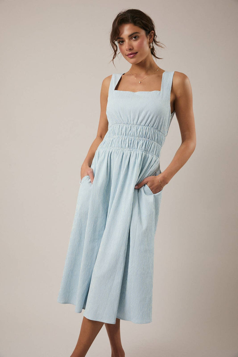 Suzette Cream & Blue Striped Midi Dress Medium