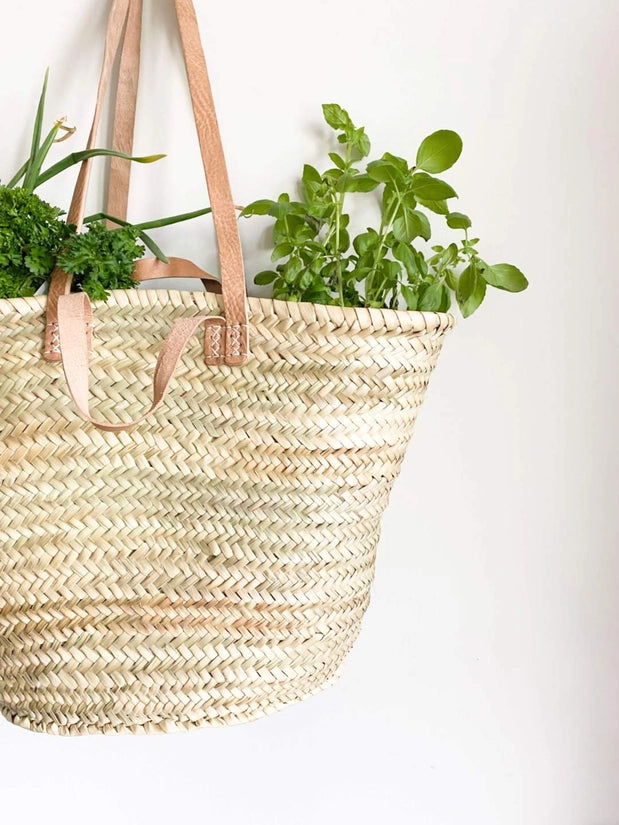 Handmade French Market Straw Bag With Leather Handles