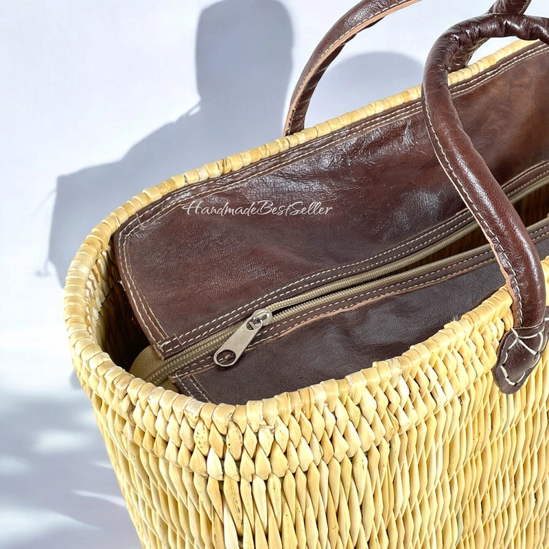 Leather Handled Market Reed Basket Tote in 3 Sizes