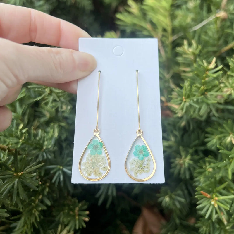 Blue Cream Pressed Flower Teardrop Resin Dangle Earrings