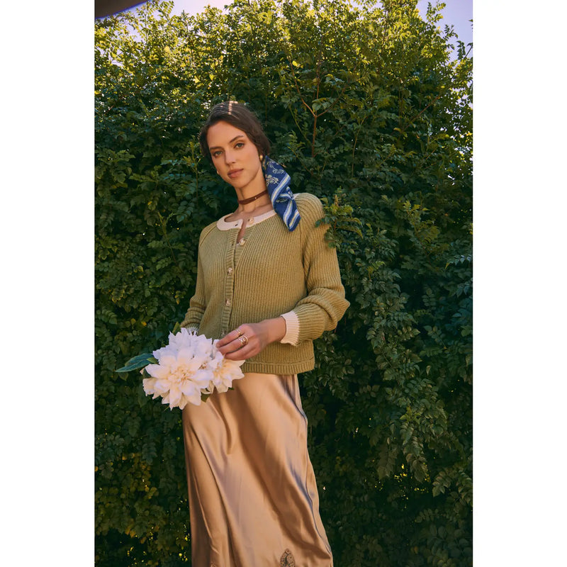 Carrie Soft Button Down Cardigan in Light Olive/Stone