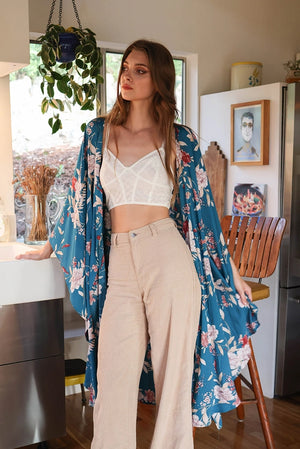 Flowing Floral Kimono With Butterfly Sleeves in Teal