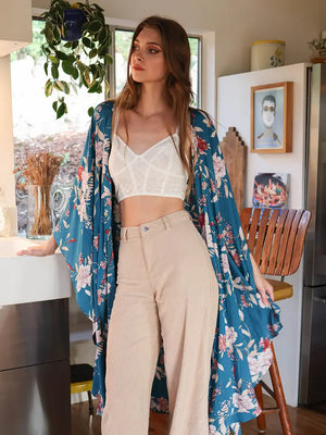 Flowing Floral Kimono With Butterfly Sleeves in Teal
