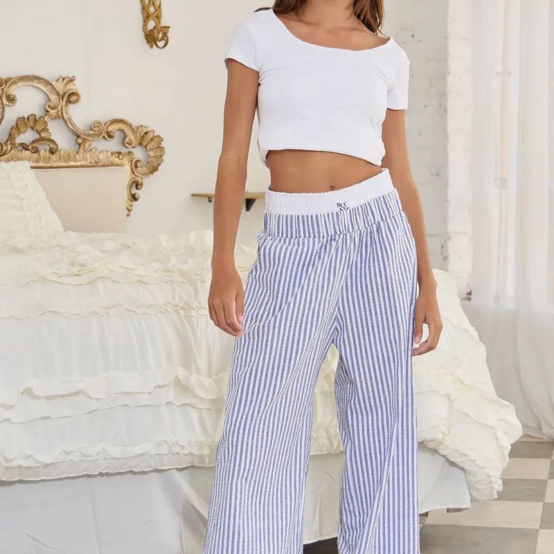 Rochelle Striped Seersucker Double Banded Exposed Boxer Pants by Bucketlist