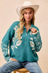 Teal Flower Sweater Zip-Front Cardigan