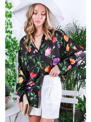 Gracie Floral Satin Button Up Blouse