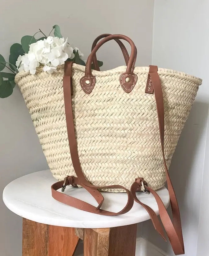 Handmade French Market Basket Backpack With Leather Straps