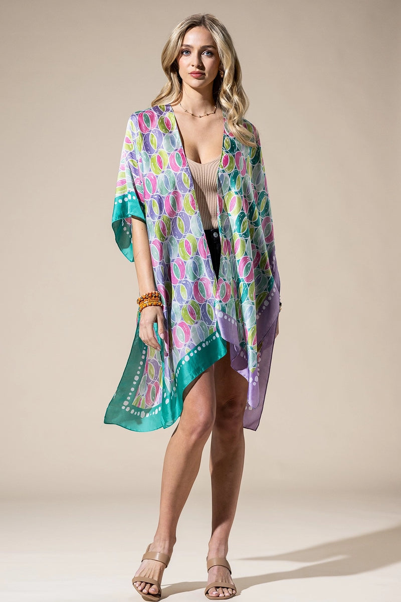 Two Tone Trim Abstract Print Silky Kimono
