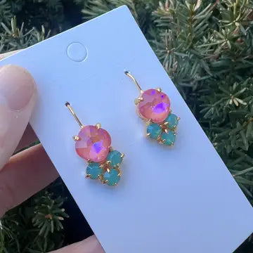 Pink Green Gemstone Cluster Earrings