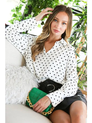 Faith Polka Dot Satin Button Up Blouse in White