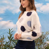 Megan Polka Dot Crewneck Sweater in Bright Ivory and Blue