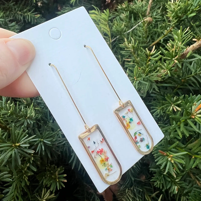 Multi-Color Pressed Flower Resin Dangle Earrings