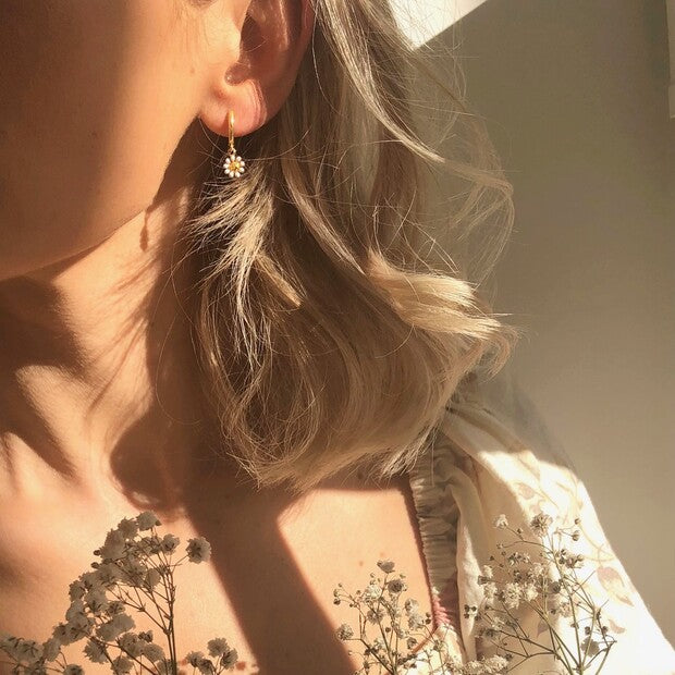 Gold Daisy White Enamel Huggie Earring