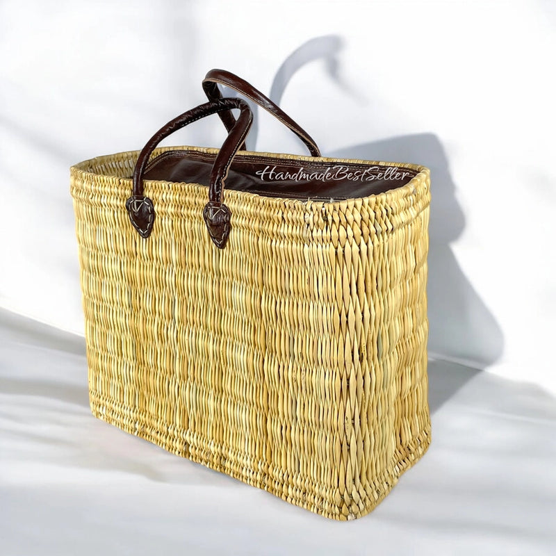 Leather Handled Market Reed Basket Tote in 3 Sizes