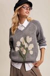 Floral Intarsia V-Neck Sweater in Heather Grey