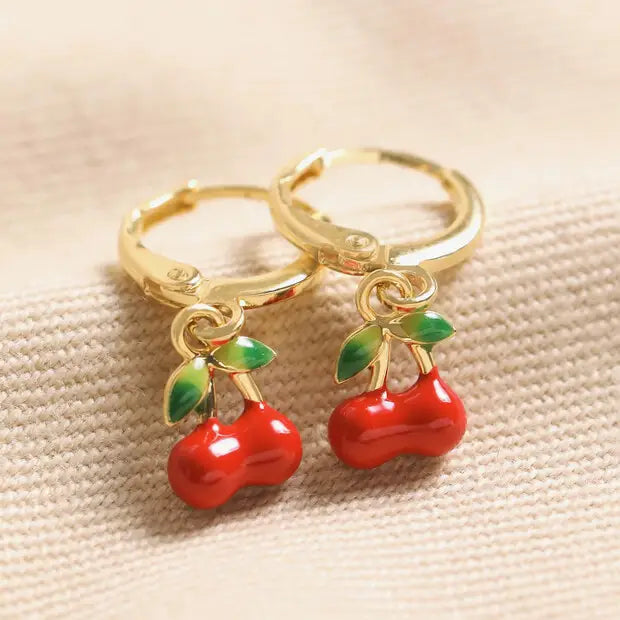 Red Cherry Enamel Charm Huggie Hoop Earrings in Gold